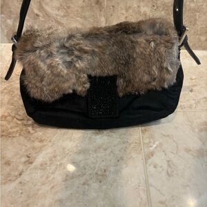 bebe Black and Brown Fur Shoulder Bag